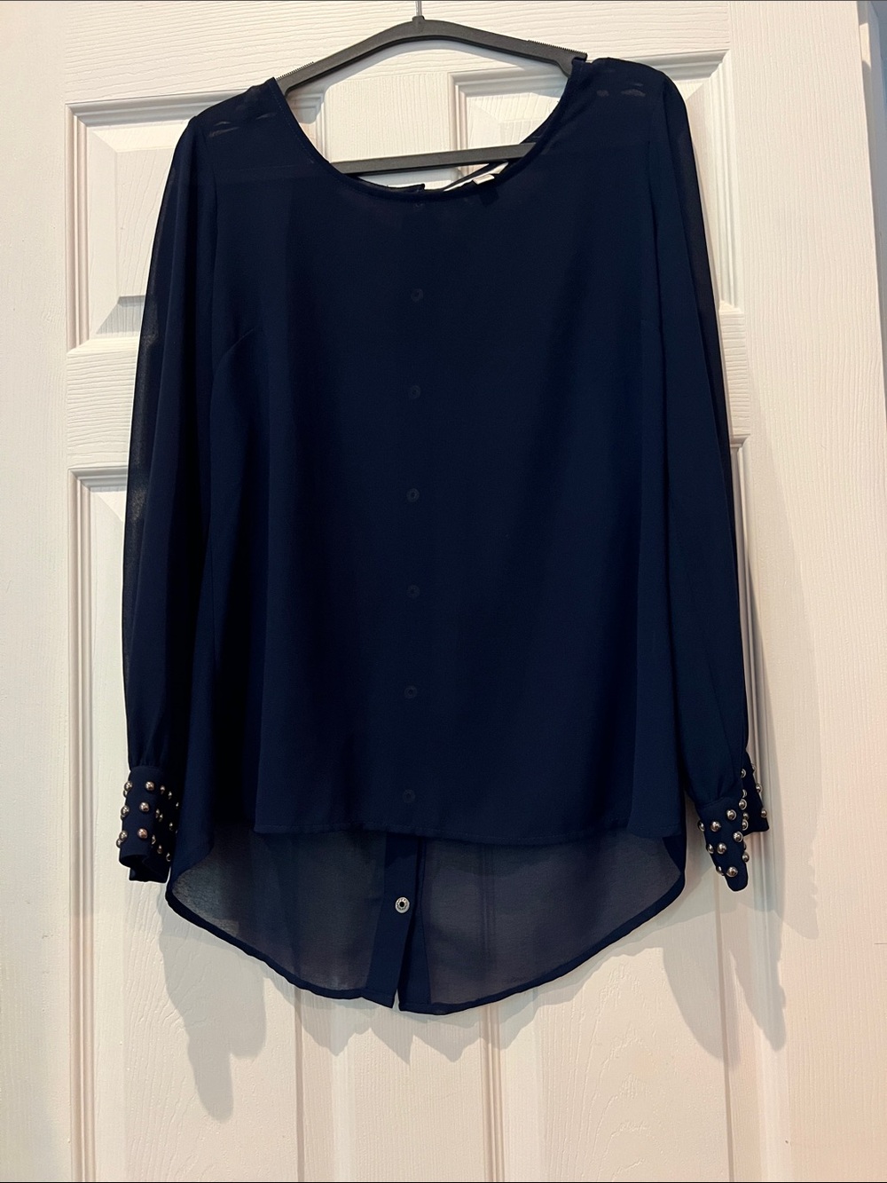 Charming Charlie Navy Stud-Cuff Sheer Long-Sleeve Blouse